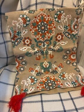 Cynthia Rowley Beige Table Runner with Orange, Teal and White Floral Design